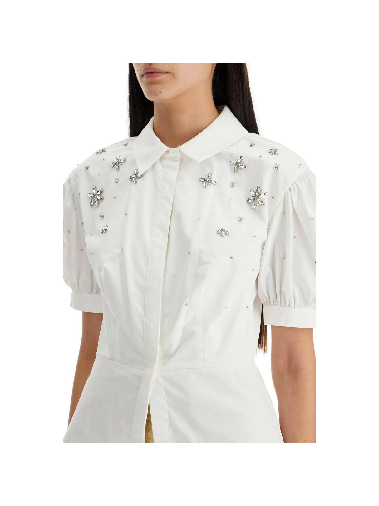 Crystal Embellished Puff Sleeve Cotton Shirt.