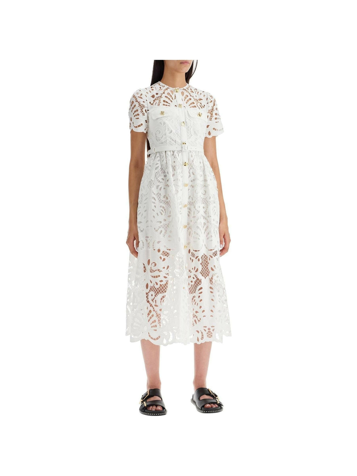 Floral Cotton Lace Buttoned Midi Dress.