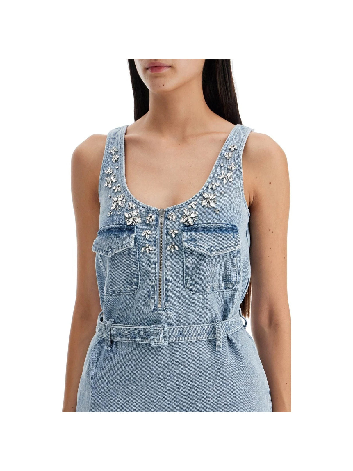 SELF-PORTRAIT-Floral Crystal Embellished Denim Dress-JOHN JULIA