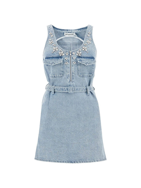 SELF-PORTRAIT-Floral Crystal Embellished Denim Dress-JOHN JULIA