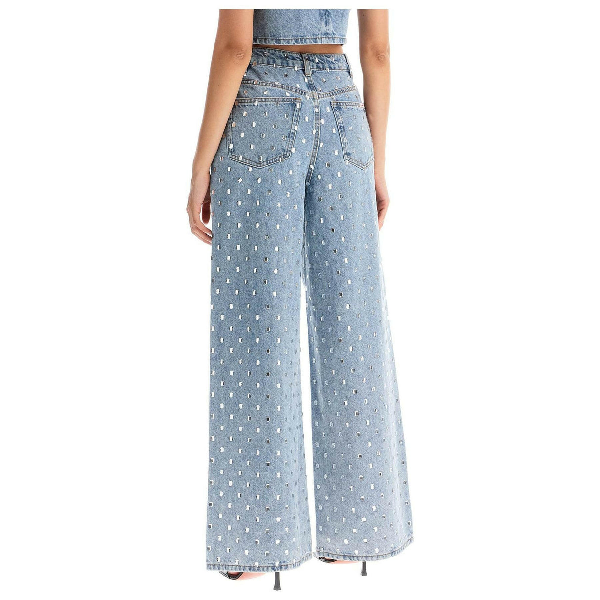 Square Rhinestone Embellished Wide-Leg Jeans.