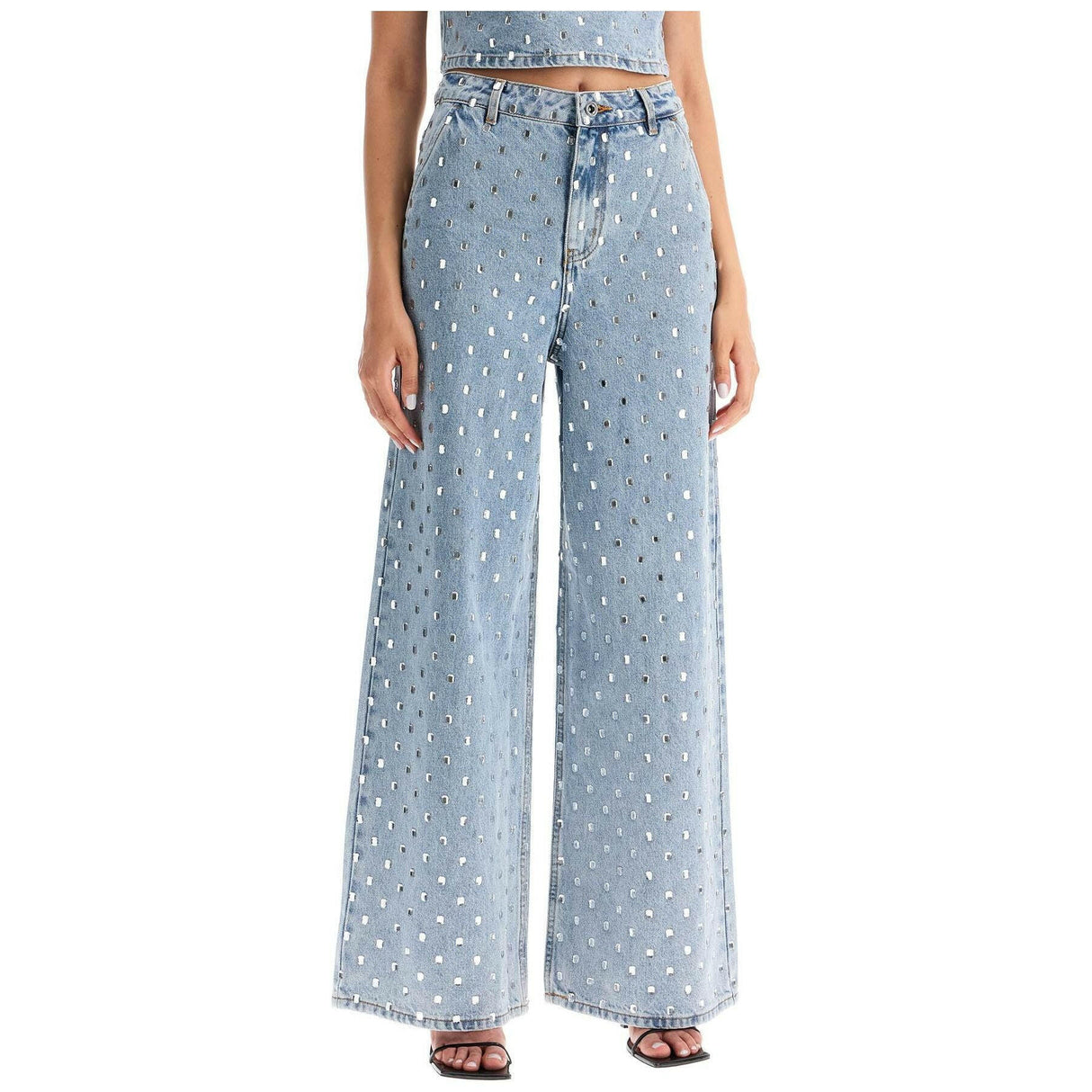 Square Rhinestone Embellished Wide-Leg Jeans.