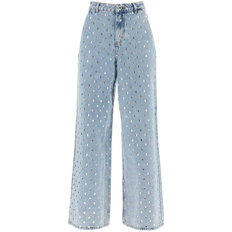 Square Rhinestone Embellished Wide-Leg Jeans.