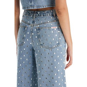 Square Rhinestone Embellished Wide-Leg Jeans.