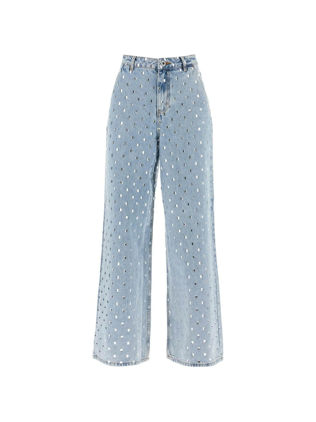 Square Rhinestone Embellished Wide-Leg Jeans.