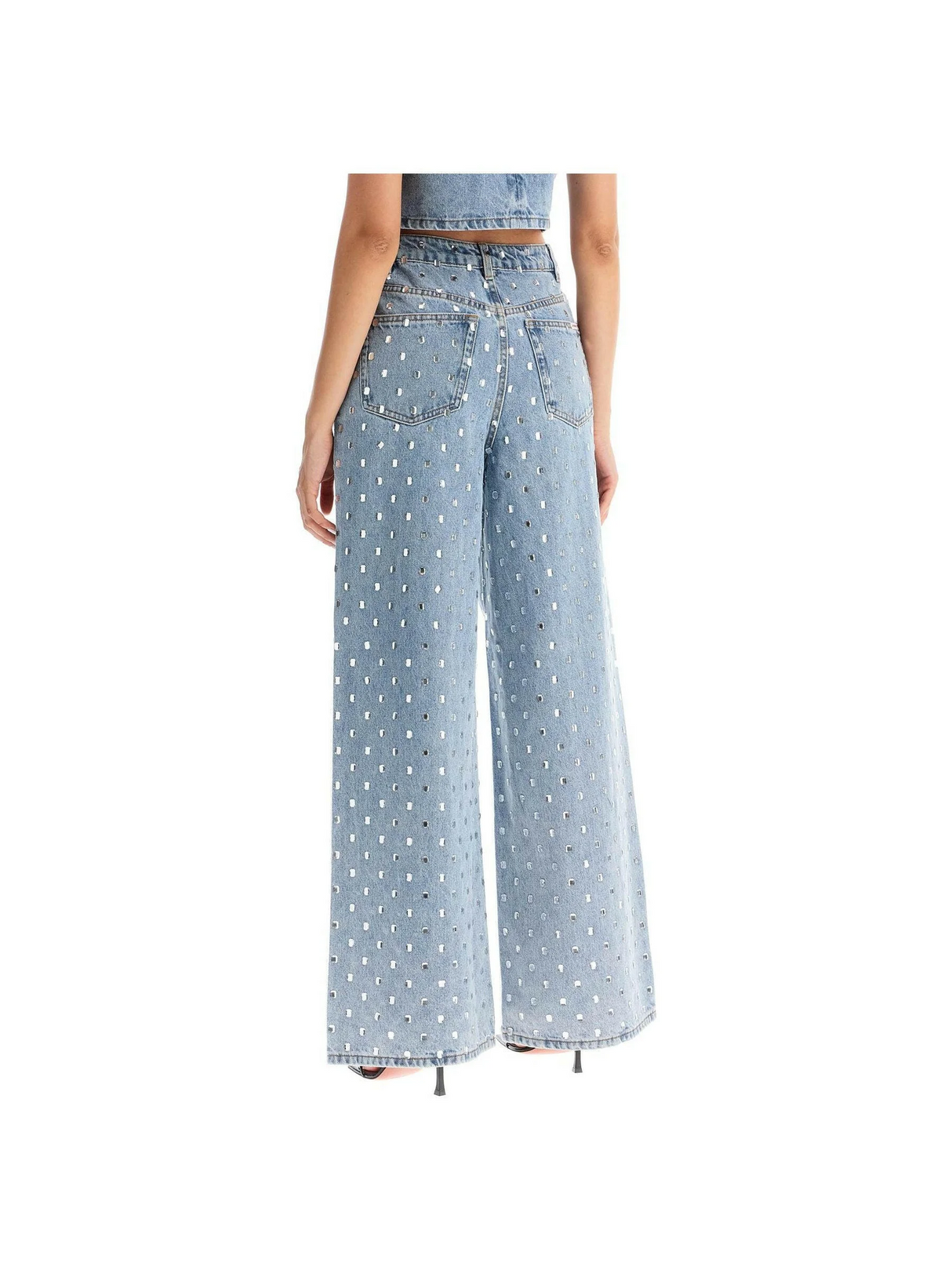 Square Rhinestone Embellished Wide-Leg Jeans.