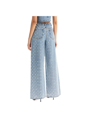 Square Rhinestone Embellished Wide-Leg Jeans.