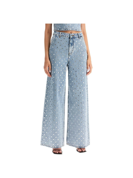 Square Rhinestone Embellished Wide-Leg Jeans.