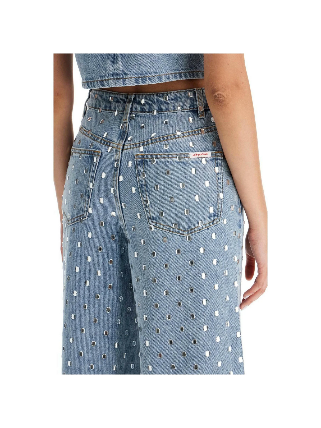 Square Rhinestone Embellished Wide-Leg Jeans.