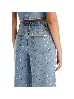 Square Rhinestone Embellished Wide-Leg Jeans.