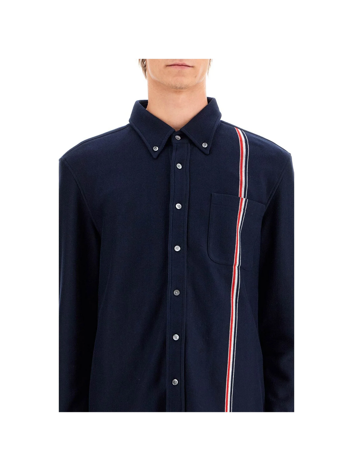 THOM BROWNE-"Button Down Overshirt In Knit With Tricolor -JOHN JULIA.