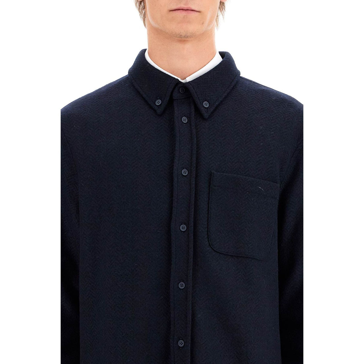 THOM BROWNE-Herringbone Wool Blend Overshirt -JOHN JULIA.