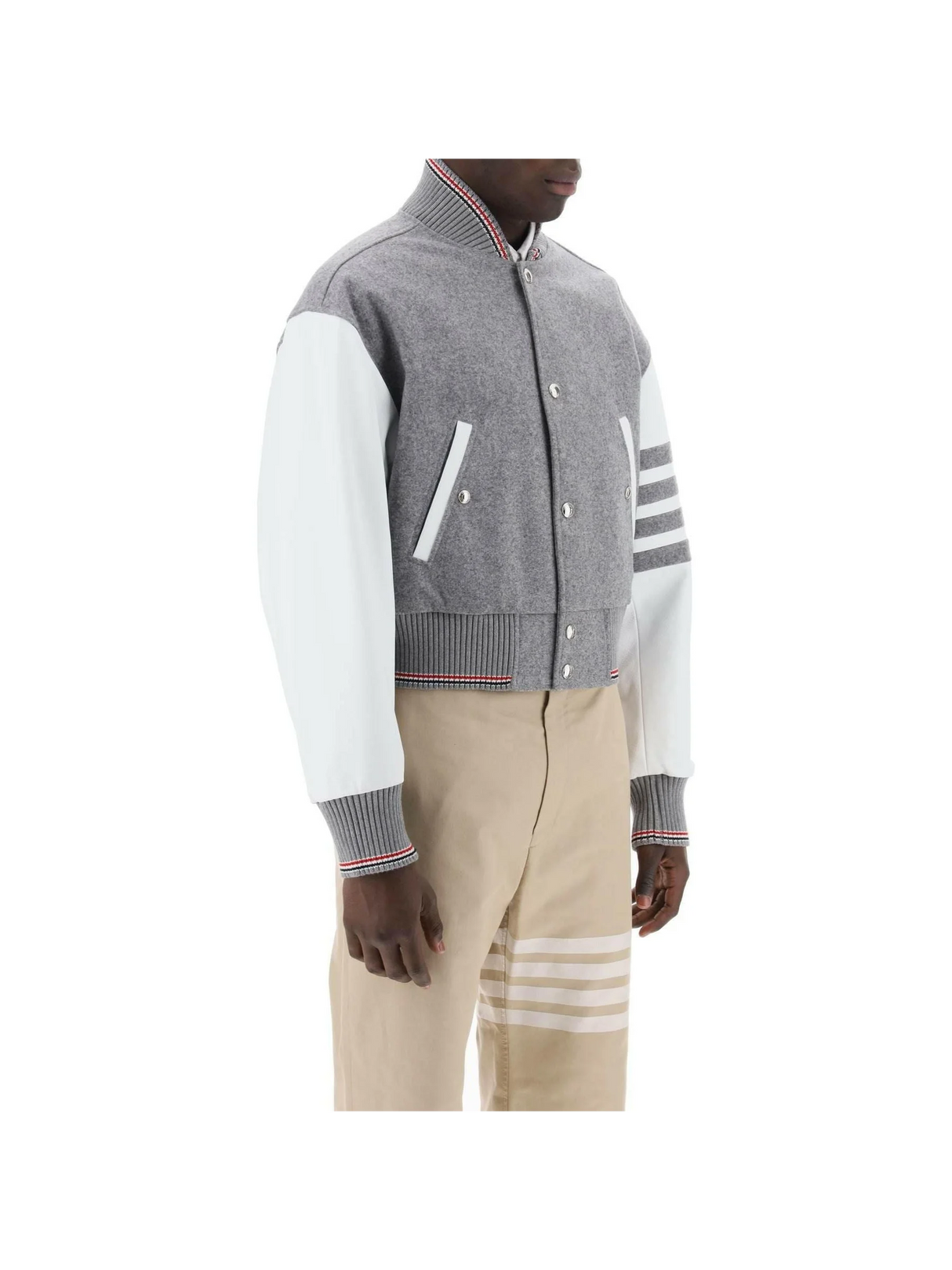 Melton Wool and Leather Sleeve Bomber Jacket THOM BROWNE JOHN JULIA.