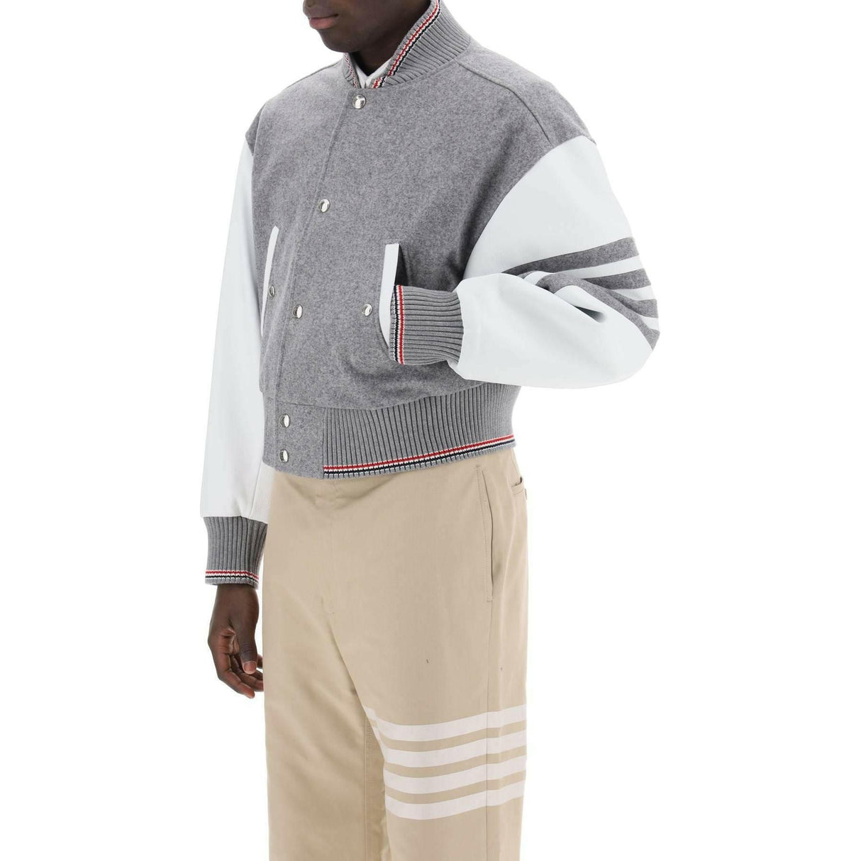 Melton Wool and Leather Sleeve Bomber Jacket THOM BROWNE JOHN JULIA.