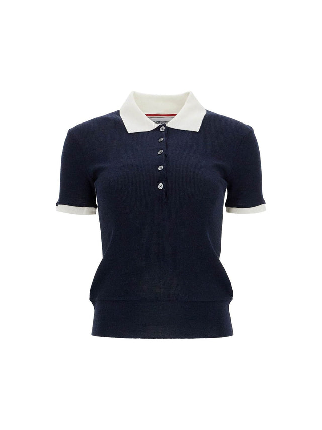 THOM BROWNE-Short Sleeved Wool Polo Shirt -JOHN JULIA.