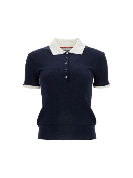 THOM BROWNE-Short Sleeved Wool Polo Shirt -JOHN JULIA.