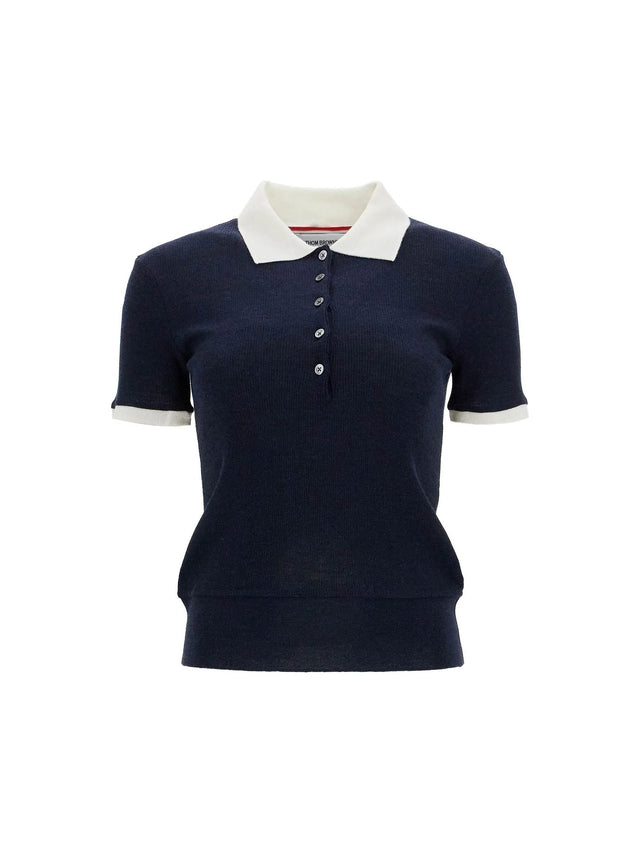 THOM BROWNE-Short Sleeved Wool Polo Shirt -JOHN JULIA.