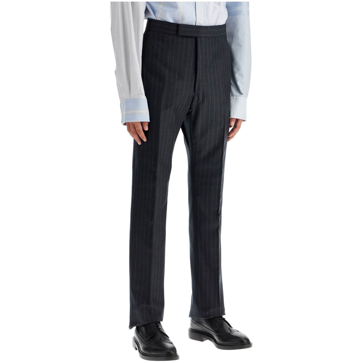 THOM BROWNE-Striped Classic Backstrap Wool Trousers -JOHN JULIA.