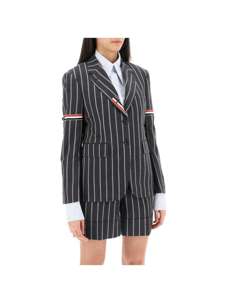 THOM BROWNE-Striped Single Breasted Jacket-JOHN JULIA