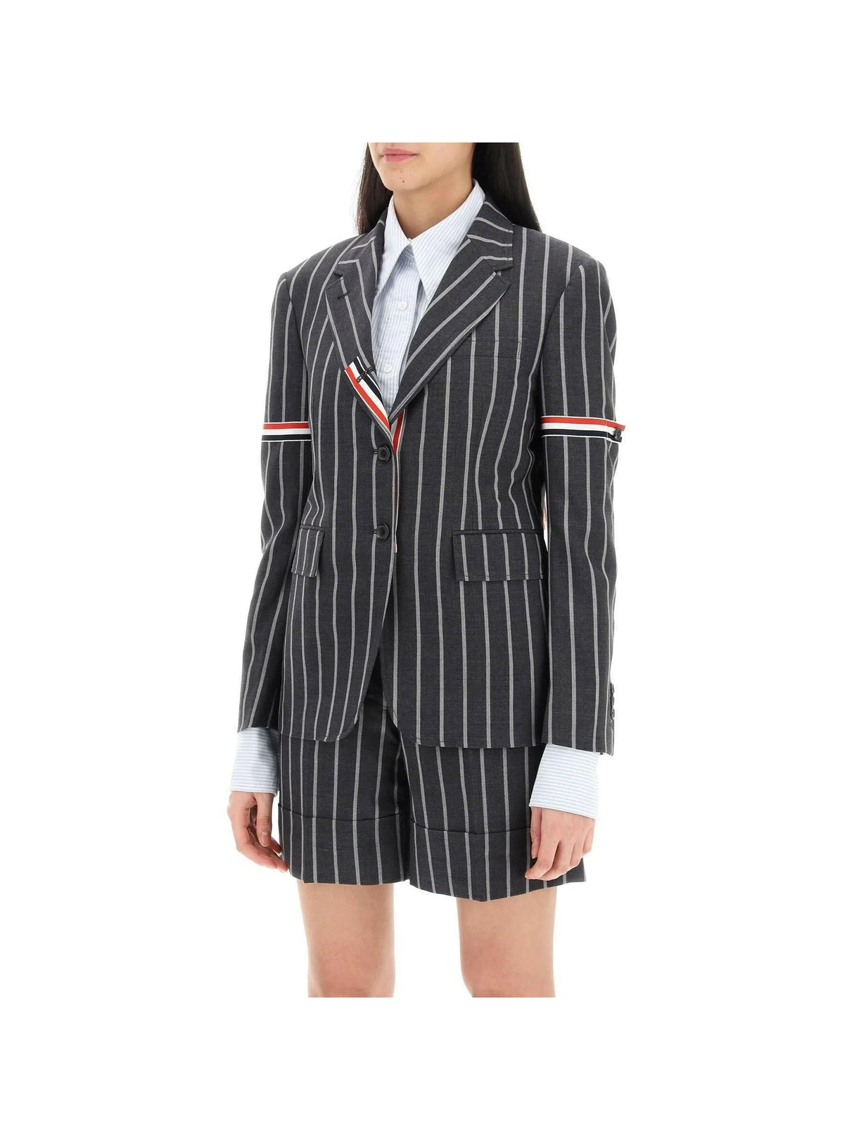 THOM BROWNE-Striped Single Breasted Jacket-JOHN JULIA