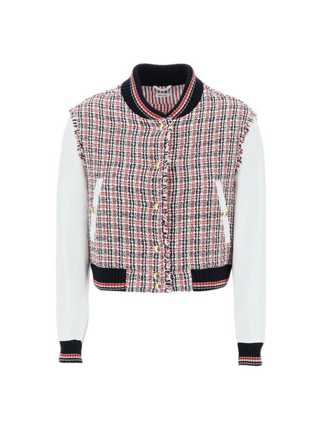 Tweed Bomber Jacket With Leather Sleeves THOM BROWNE JOHN JULIA.