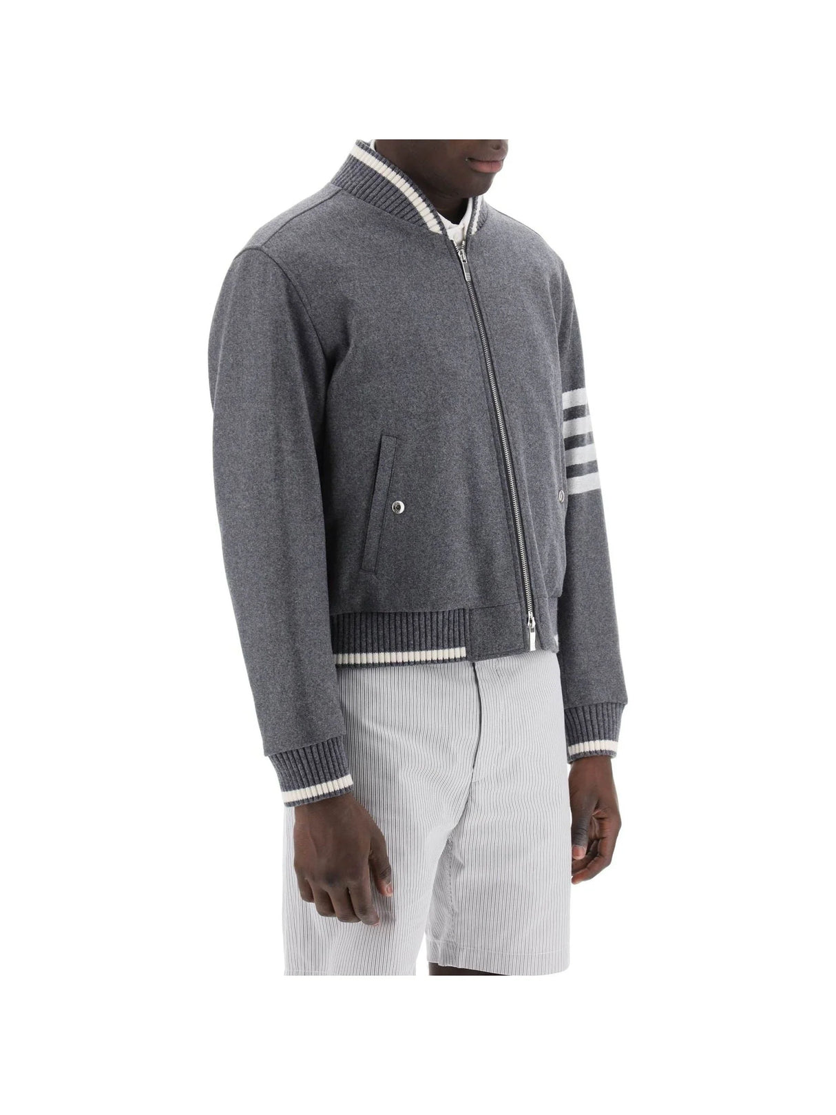 THOM BROWNE-Wool Melton 4-bar Varsity Jacket-JOHN JULIA