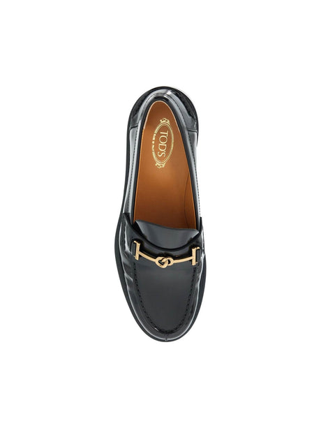 Brushed Leather Loafers Golden Metal T Ring Accessory