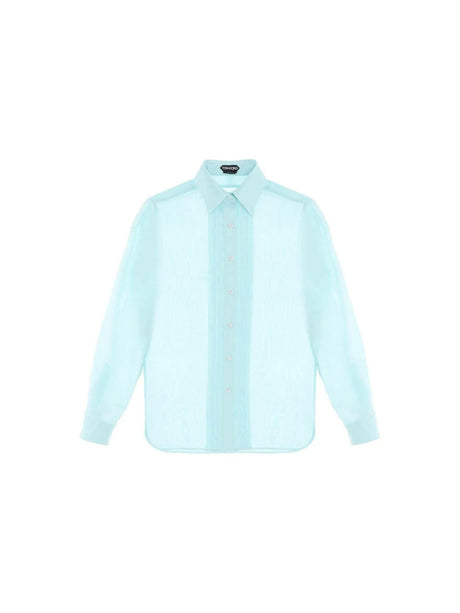 Aqua Silk Batiste Plisse Plastron Shirt TOM FORD JOHN JULIA.