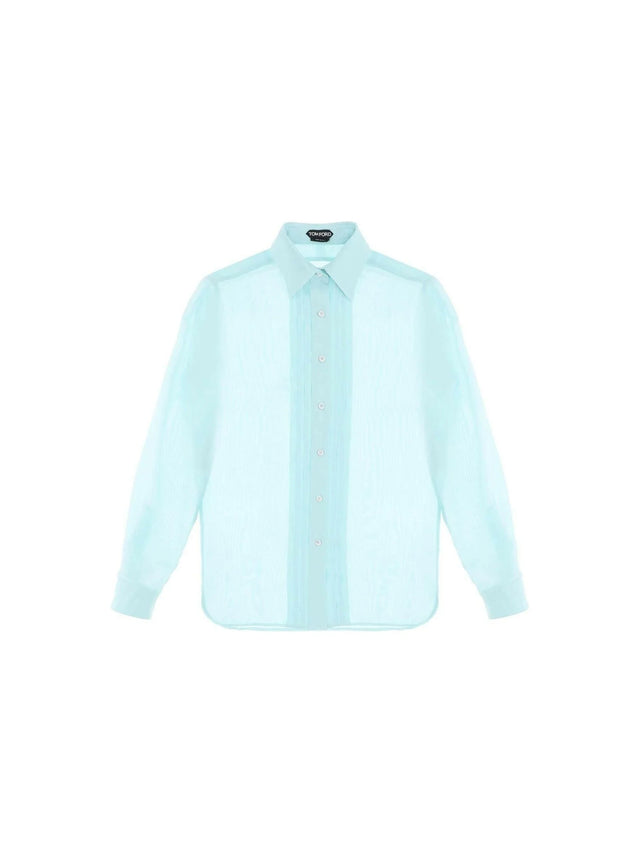 Aqua Silk Batiste Plisse Plastron Shirt TOM FORD JOHN JULIA.