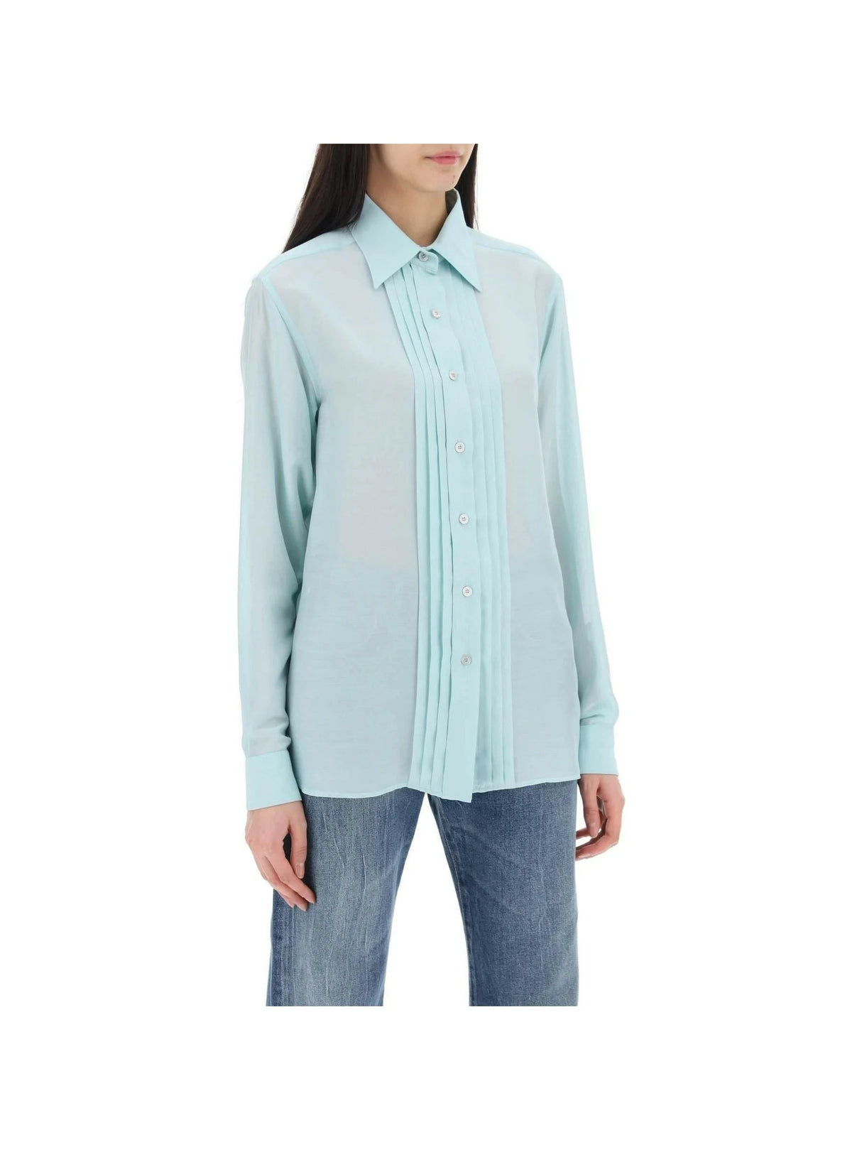 Aqua Silk Batiste Plisse Plastron Shirt TOM FORD JOHN JULIA.