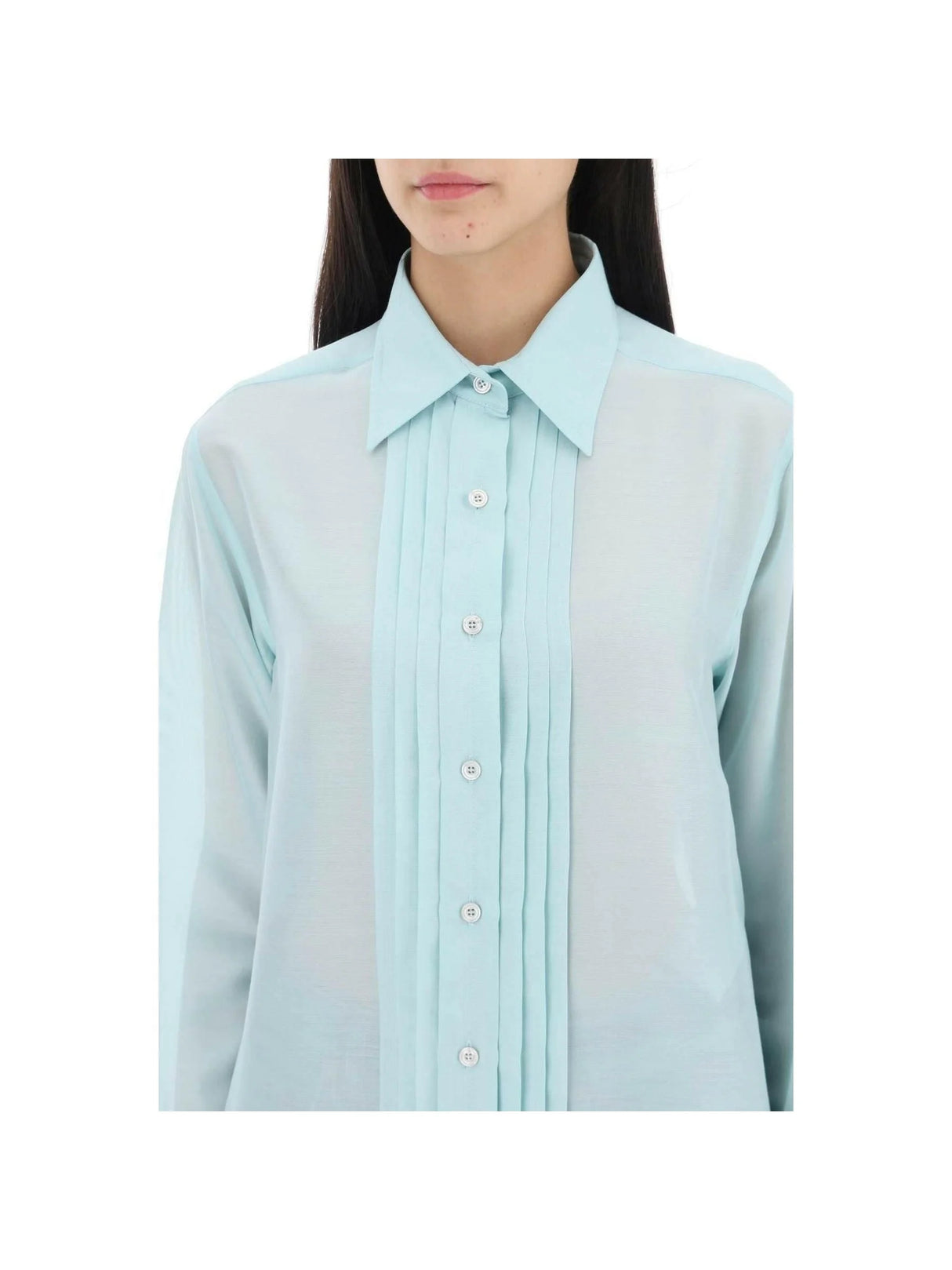 Aqua Silk Batiste Plisse Plastron Shirt TOM FORD JOHN JULIA.