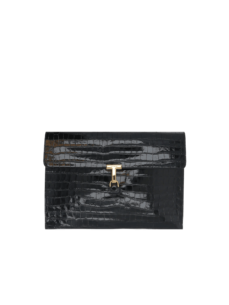 Crocodile Embossed Leather T Pin Clutch-TOM FORD-JOHN JULIA