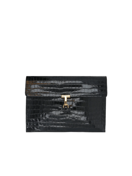 Crocodile Embossed Leather T Pin Clutch-TOM FORD-JOHN JULIA