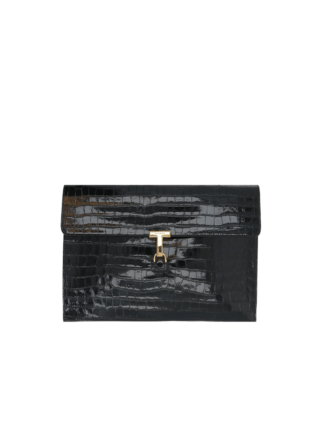 Crocodile Embossed Leather T Pin Clutch-TOM FORD-JOHN JULIA