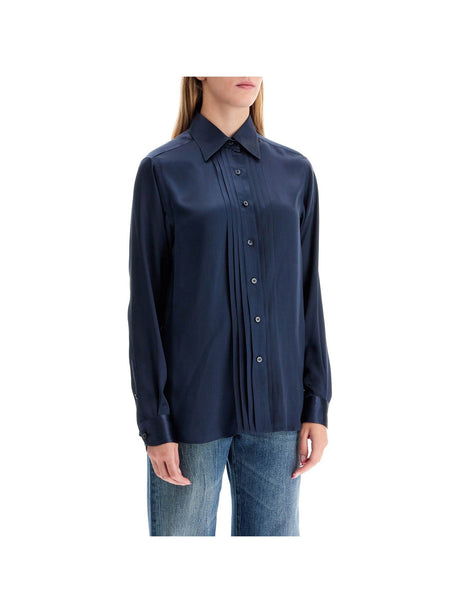 Silk Charmeuse Blouse Shirt Fluid Pleated Front Button Closure