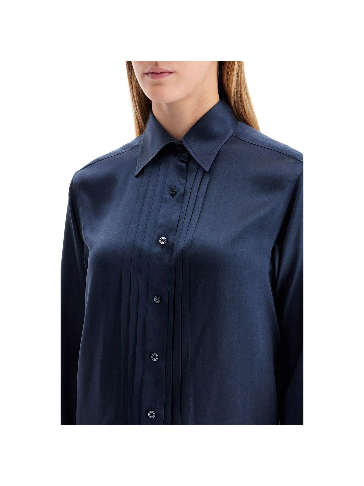 Silk Charmeuse Blouse Shirt Fluid Pleated Front Button Closure