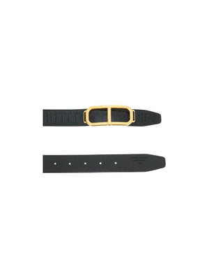 T Buckle Reverse Smooth and Croc-Embossed Leather Belt