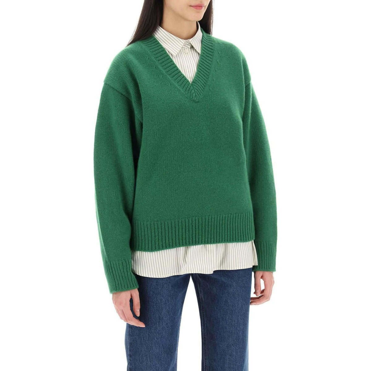 Pine Green Soft Wool-Cashmere V-Neck Sweater TOTEME JOHN JULIA.