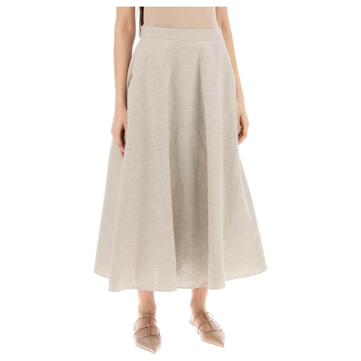 Beige Gravel A-Line Linen Midi Skirt VALENTINO GARAVANI JOHN JULIA.