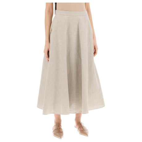 Beige Gravel A-Line Linen Midi Skirt VALENTINO GARAVANI JOHN JULIA.