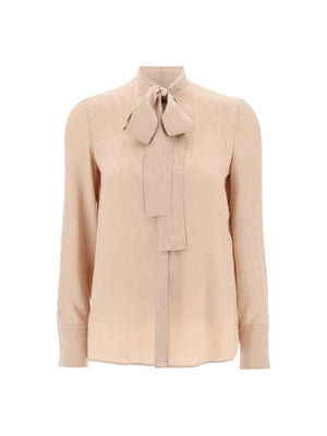 Beige Monogram-Pattern Tie-Neck Silk Shirt VALENTINO GARAVANI JOHN JULIA.