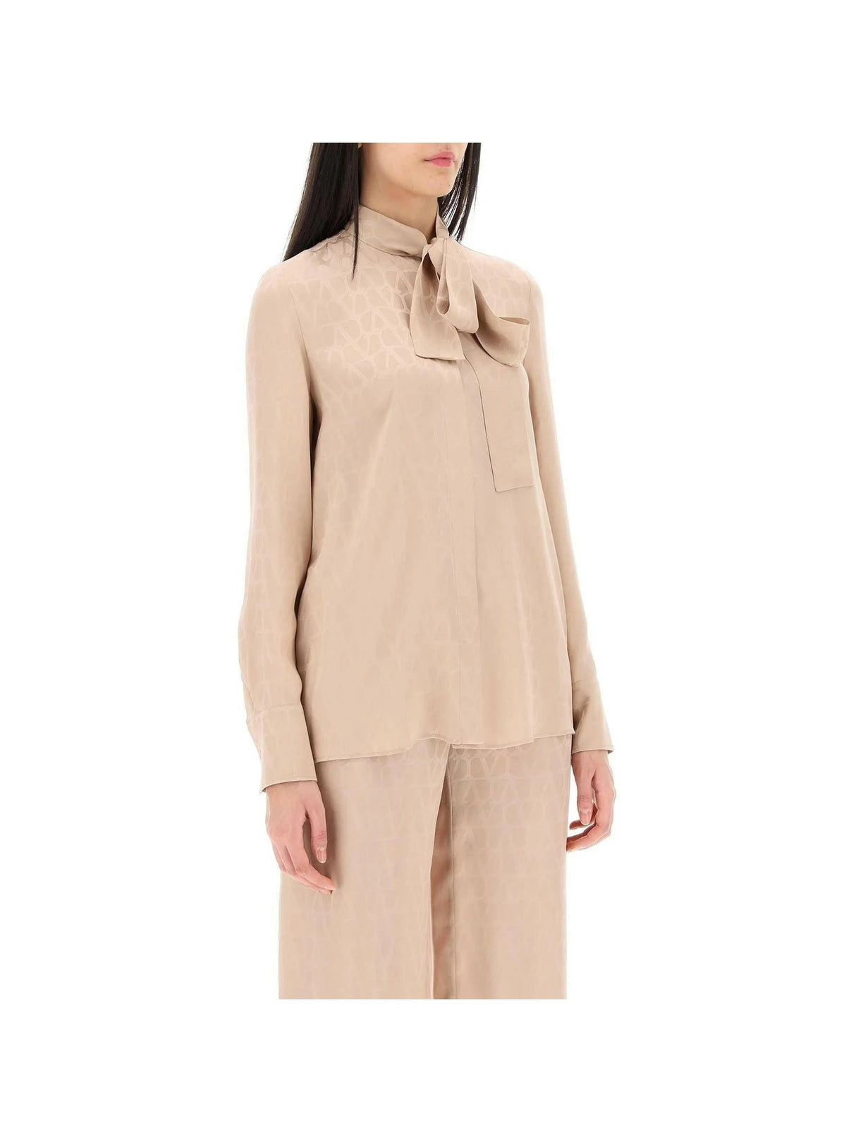 Beige Monogram-Pattern Tie-Neck Silk Shirt VALENTINO GARAVANI JOHN JULIA.