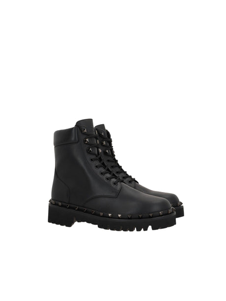 VALENTINO GARAVANI-Rockstud Smooth Leather Combat Boots-JOHN JULIA