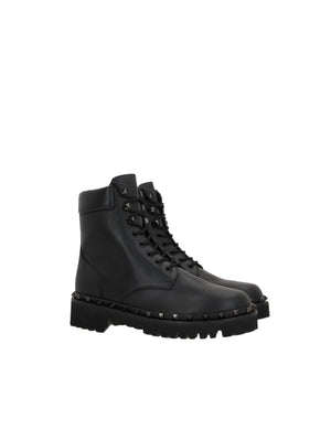 VALENTINO GARAVANI-Rockstud Smooth Leather Combat Boots-JOHN JULIA