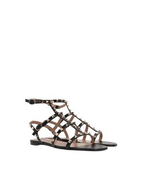 VALENTINO GARAVANI-Rockstud Smooth Leather Flat Sandals-JOHN JULIA