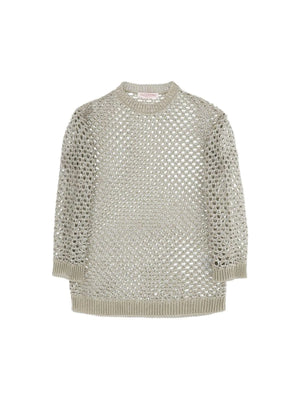 VALENTINO GARAVANI-Silver Linen-Blend Mesh Lurex Open Knit Sweater-JOHN JULIA