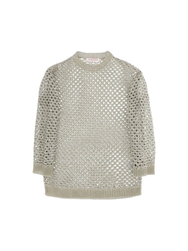 VALENTINO GARAVANI-Silver Linen-Blend Mesh Lurex Open Knit Sweater-JOHN JULIA