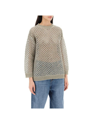 VALENTINO GARAVANI-Silver Linen-Blend Mesh Lurex Open Knit Sweater-JOHN JULIA