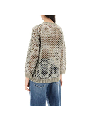 VALENTINO GARAVANI-Silver Linen-Blend Mesh Lurex Open Knit Sweater-JOHN JULIA