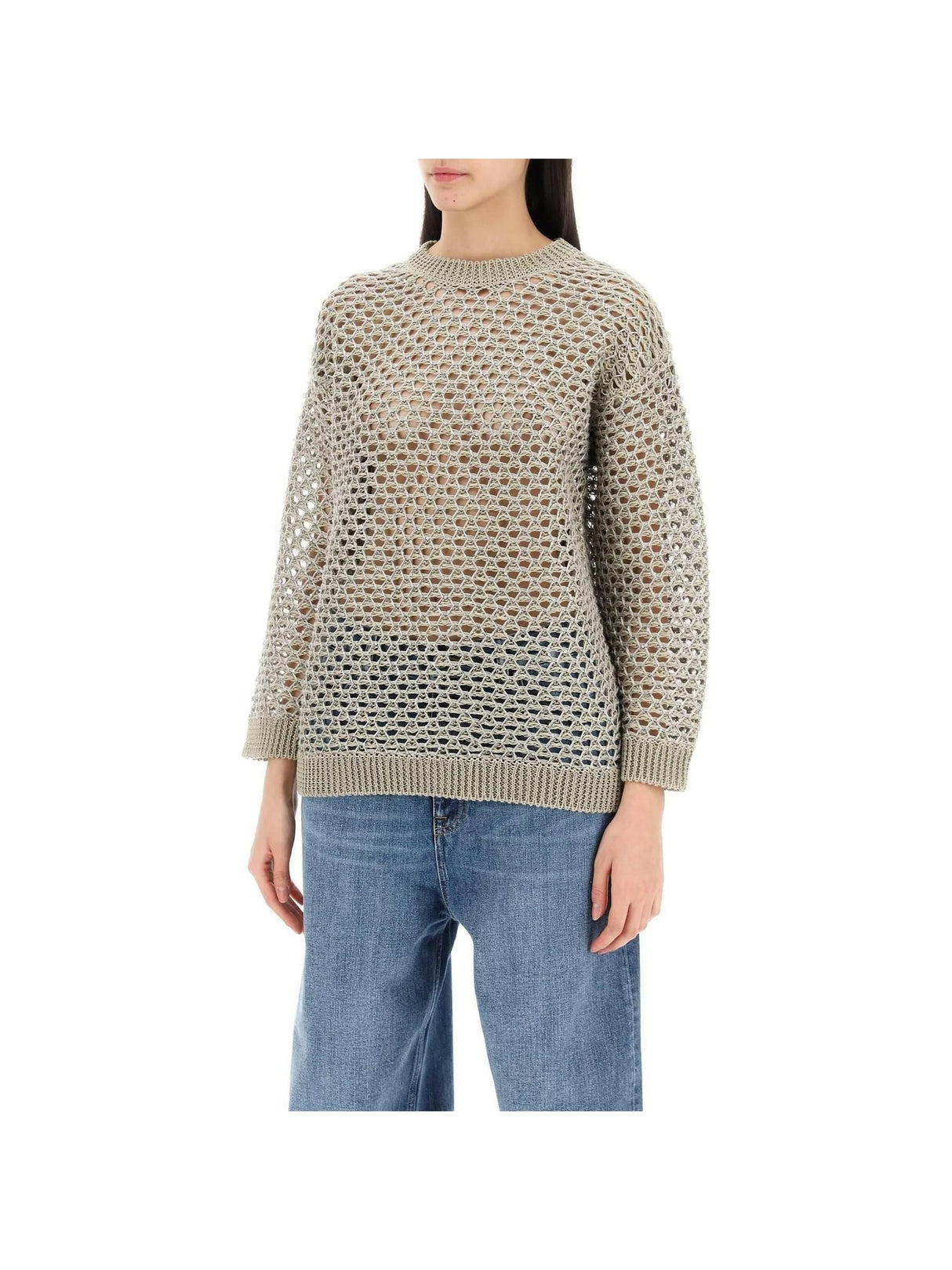 VALENTINO GARAVANI-Silver Linen-Blend Mesh Lurex Open Knit Sweater-JOHN JULIA